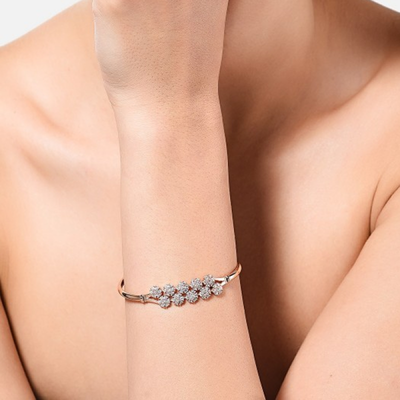 White Rose Gold-Plated Cubic Zirconia Flowers Kada Bracelet